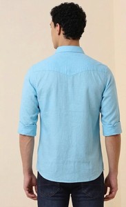 Enovate Men's Double Breasted Solid Color Long Sleeve Casual Shirt Turn-<b>down</b> Collar Breathable Woven Cotton Back Neck Logo ODM - Product Image 3