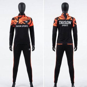 Survêtement d'entraînement de football unisexe imprimé en polyester premium 220 GSM, design à panneaux noir et orange, logo personnalisé, veste et pantalon à fermeture éclair intégrale - Product Image 1
