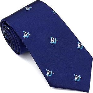 Cravate maçonnique avec motif carré et boussole et rayures dorées [Bleu marine et or] - Product Image 2