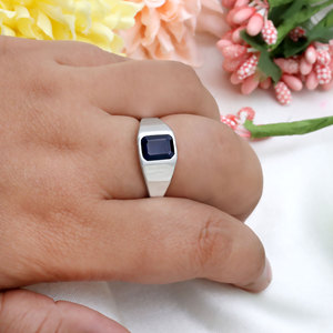 925 Sterling <b>Silver</b> Natural Blue Sapphire <b>Ring</b> Bezel Set <b>Emerald</b> Cut Gemstone Classic Style Unisex Everyday Wear Jewelry - Product Image 6