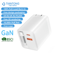 Chargeur USB C GaN 65W Pliable avec Câble Rétractable, Adaptateur Double Port PD QC3.0 pour Charge Rapide iPhone Ordinateur Portable Voyage
