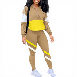 Women Color Blocking Tracksuit Full <b>Sleeve</b> Half-Zip <b>Hoodie</b> With Leggings Breathable Sporty Fitness Wear Autumn Style - Product Image 1