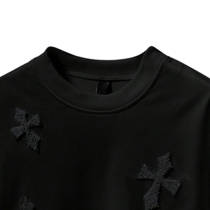 Camiseta Negra de Manga Corta para Hombre con Detalle de Cruz en Relieve, Cuello Redondo, Estilo Urbano, Casual, Holgada, Ropa al por Mayor - Product Image 5