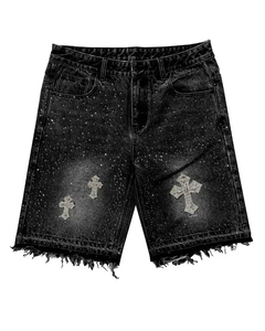 Shorts en jean vintage Y2K personnalisés avec patchs en strass, double poche, shorts en jean pour hommes, shorts en jean noirs hip hop - Product Image 1