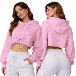 Sudadera con capucha corta rosa de moda con detalle de lazo, de algodón polar, tela brillante, estilo urbano, personalizada para mujer - Product Image 6
