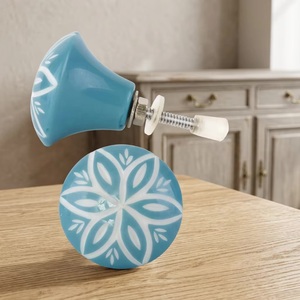 Ba Ceramic Tulip Cabinet <b>Knob</b> Blue with <b>White</b> Floral Pattern Modern for Kitchen Bathroom Living Room Drawer and Dresser Use - Product Image 2