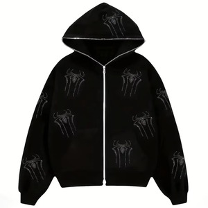 Sweat-shirt à capuche zippé pour homme, noir, imprimé araignée avec strass, style streetwear oversize, en polyester tricoté - Product Image 1