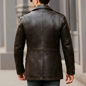 Men’s Vintage Genuine <b>Sheepskin</b> Leather Double-Breasted Short Coat, Black Leather Trench <b>Jacket</b> - Product Image 5