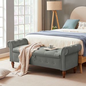 Grey Velvet Rectangular Sofa <b>Stool</b> Multifunctional Storage <b>Bedroom</b> Furniture - Product Image 1