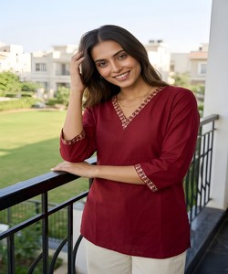 Rich Look Roman Silk Embroidery <b>Top</b> <b>Maroon</b> V Neck 3/4 Sleeve Women Ethnic Wear Wedding Party Traditional Style 85190 VAAZI-1061 - Product Image 2