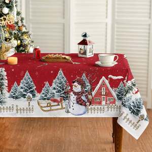 Mantel navideño con estampado de casa de jengibre y muñeco de nieve rojo, decoración para fiestas navideñas - Product Image 2