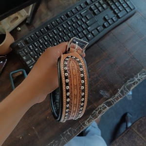 High Quality Designer Full Grain Cow Leather Dog <b>Collar</b> with Floral Pattern Padded Steel Buckle D-rings Feather Decoration - Product Image 3