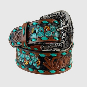 Western Belt Vintage Country Belts for Cowboys Genuine Western <b>Leather</b> <b>Tooled</b> Belt with Turquoise hand carving and engraving - Product Image 2