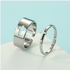 Bagues de couple croix gothique de designer en acier inoxydable plaqué or, bijoux religieux tendance, bagues de Pâques pour les amoureux - Product Image 3