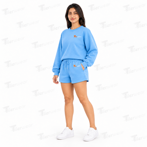 <b>Women's</b> Light <b>Blue</b> 2 Piece Shorts Set Crew Neck Sweatshirt Embroidered Loose Fit Casual Spring Autumn <b>Women</b> Summer set - Product Image 2