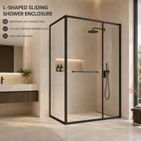 Porte de douche coulissante en verre trempé en forme de L moderne avec structure encadrée durable, design gain de place pour les salles de bain d'hôtel