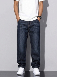 Jean droit délavé pour homme, taille mi-haute, coupe classique, en denim de coton, style décontracté, tissé uni, été-printemps, logo frontal - Product Image 2