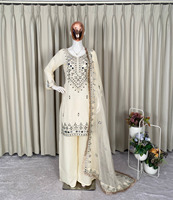 Salwar Kameez de créateur pour femme, idéal pour les fêtes et mariages, avec haut brodé de miroirs, motif dessiné à la main, imprimé délavé, pantalon Palazzo et Dupatta