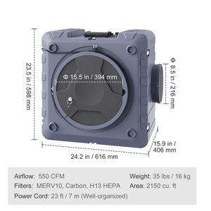 Purificateur d'air domestique empilable à air négatif 550 CFM avec filtration en 3 étapes, filtre à charbon MERV10 et filtre HEPA H13 - Product Image 6