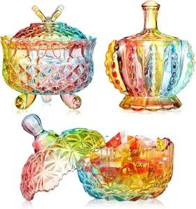 3 pièces, 3 tailles (10/9/6 oz), pots <span class=keywords><strong>à</strong></span> bonbons en verre coloré gaufré avec couvercles, coupelles en cristal <span class=keywords><strong>sur</strong></span> <span class=keywords><strong>pied</strong></span> pour <span class=keywords><strong>bijoux</strong></span>, biscuits, buffet - Product Image 1
