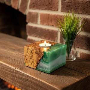 Portavelas de madera para velas de té, ecológico, hecho a mano, tipo centro de mesa con raíz de madera y resina epoxi - Product Image 1