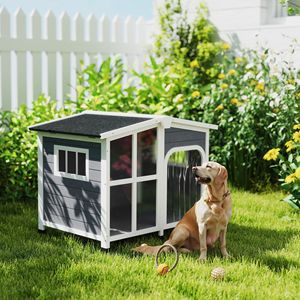 Casa per cani in legno in stile grigio scuro con tetto apribile e finestra gigante per mobili da esterno di grandi dimensioni - Product Image 2