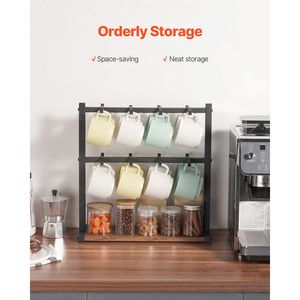 Portabicchieri da Caffè a 16 Ganci, Base di Stoccaggio a 2 Livelli in Acciaio al Carbonio e Legno, Porta Tazze da Caffè da Bancone, Organizzatore da Parete per Chiavi e Posta - Product Image 3