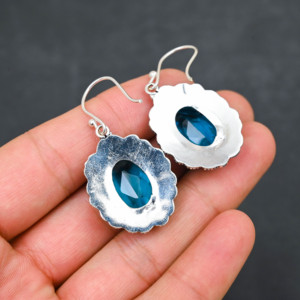 Boucles d'oreilles personnalisées en argent sterling 925 avec topaze bleue créée en laboratoire, 1,9 pouce, bijoux en pierres précieuses faits à la main, boucles d'oreilles fines antiques, cadeau pour femme - Product Image 3
