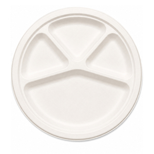 Plateau jetable en bagasse de 12 pouces, robuste, blanc, à quatre compartiments, pour la présentation des aliments dans les hôtels, restaurants, écoles et mariages - Product Image 1
