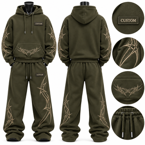 Conjunto de Sudadera con Capucha Extra Grande Unisex para Invierno, Verde Oliva, Bordado, Felpa Francesa, Pantalones Deportivos Casuales, Bolsillo Delantero, 100% Algodón - Product Image 5