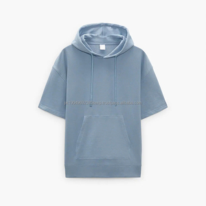 Sweat-shirt universitaire personnalisé en éponge française sweat à capuche uni en gros sweats à capuche à manches courtes bleu ciel d'été pour hommes - Product Image 3