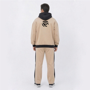 Men’s Beige Hoodie <b>Tracksuit</b> Set Custom Logo Fleece Pullover Jogger Set Casual Streetwear Two Piece Set - Product Image 3