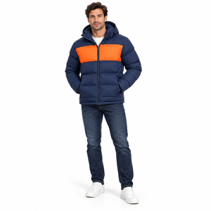 Chaqueta de invierno para hombre de alta calidad, estilo vintage, con capucha y bloques de color, acolchada, con cremallera, gruesa, en azul marino y naranja. - Product Image 1