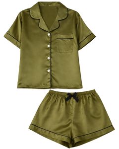 Ensemble de pyjama pour femme en satin vert olive personnalisé, manches courtes, boutonné, style soie, deux pièces, ensemble de shorts de nuit, ensemble de vêtements de détente - Product Image 6