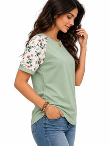 Camiseta de Manga Corta para Mujer, Cuello Redondo, Diseño Floral Blanco, Dobladillo Curvo - Product Image 6