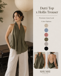 Ensemble coordonné décontracté exclusif pour femmes en coton vert olive, haut à col halter et pantalon beige - Product Image 3