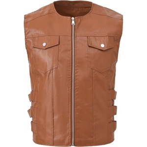 Custom <b>Men's</b> Tan Genuine Cowhide <b>Leather</b> Motorcycle <b>Vest</b> Collarless Round Neck Biker Riding Club <b>Vest</b> with Side Straps - Product Image 2