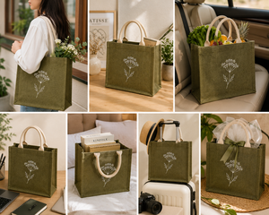 Jute Shopping <b>Bag</b> Green With <b>White</b> Floral Print Medium Size Top Handle Daily Use - Product Image 5