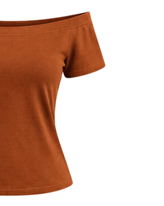 Camiseta de Mujer Color Naranja Quemado, Hombros Descubiertos, Manga Corta, Corte Ajustado, Informal, Verano, Algodón Suave, Fabricante OEM Personalizado - Product Image 2