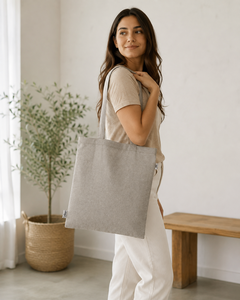 Sac fourre-tout en coton recyclé gris mélangé 140 GSM 38x42 cm avec poignée plate, logo personnalisé, vente en gros, sac de courses réutilisable, fabricant - Product Image 5