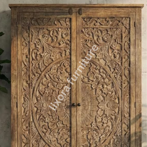 Luxury Handcrafted Solid Wood 2 Door <b>Wardrobe</b> Ornate Botanical Mandala Carving Natural - Product Image 5