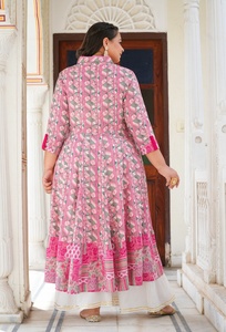 Chemise Anarkali en rayonne pour femmes grandes tailles, imprimé géométrique rose, col chemise, manches trois quarts, magnifique pour tous les jours - Product Image 5