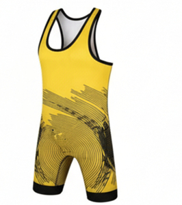 <b>Men's</b> Yellow <b>Wrestling</b> <b>Singlet</b> with Black Abstract Print Fitted Spandex Polyester Moisture Wicking 220gsm Durable Breathable - Product Image 5