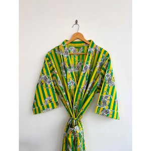 V-Neck Striped Animal Print Breathable Knitted <b>Kimono</b> Robe <b>Belt</b> Regular Fit Maxi Length Three Quarter Sleeve 300g 100% Cover-Up - Product Image 2