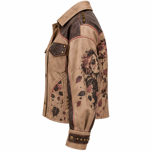 Chaqueta de cuero genuino beige para mujer, estilo motero, con estampado floral personalizado, botones a presión, bolsillos con solapa y detalles de púas, de fábrica. - Product Image 4