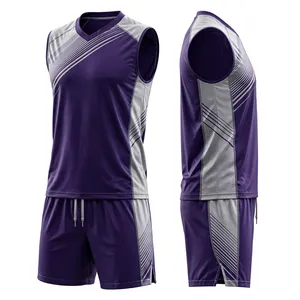 Unisex Purple Gray Sleeveless Sport Jersey Shorts Set Breathable 100% Polyester Uniform Sublimation Print Adult <b>Athletic</b> Wear - Product Image 3