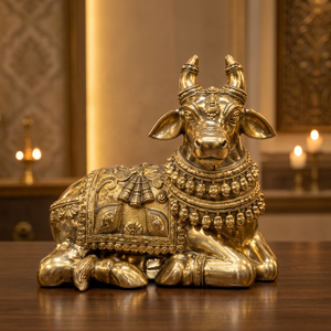 Statue de taureau Nandi en laiton orné, sculpture décorative religieuse faite à la main pour temple, design contemporain, figurine de table pour mariage et Diwali - Product Image 3