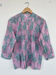 Vintage Sage Green Pink Floral Print Blouse Women <b>Collarless</b> Long Sleeve Button Down Loose <b>Shirt</b> Boho Casual Summer Tunic Top - Product Image 1