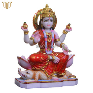 Marble Ganga Mata Statue Seated on Makara- 12 Inch | Red Attire, Ornate Crown and Sacred Water Pots by MALIYAS Jaipur India - Product Image 3