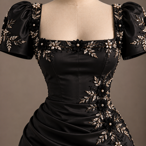Robe mini élégante en satin noir avec applications de paillettes, perles, broderies florales, col carré, manches courtes, robe moulante asymétrique pour club - Product Image 5